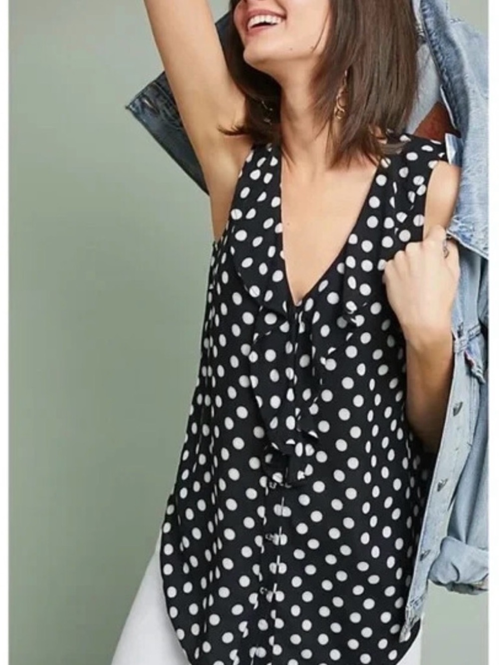 MAEVE ANTHROPOLOGIE Black & White Polka Dot Ruffle V-Neck Tank